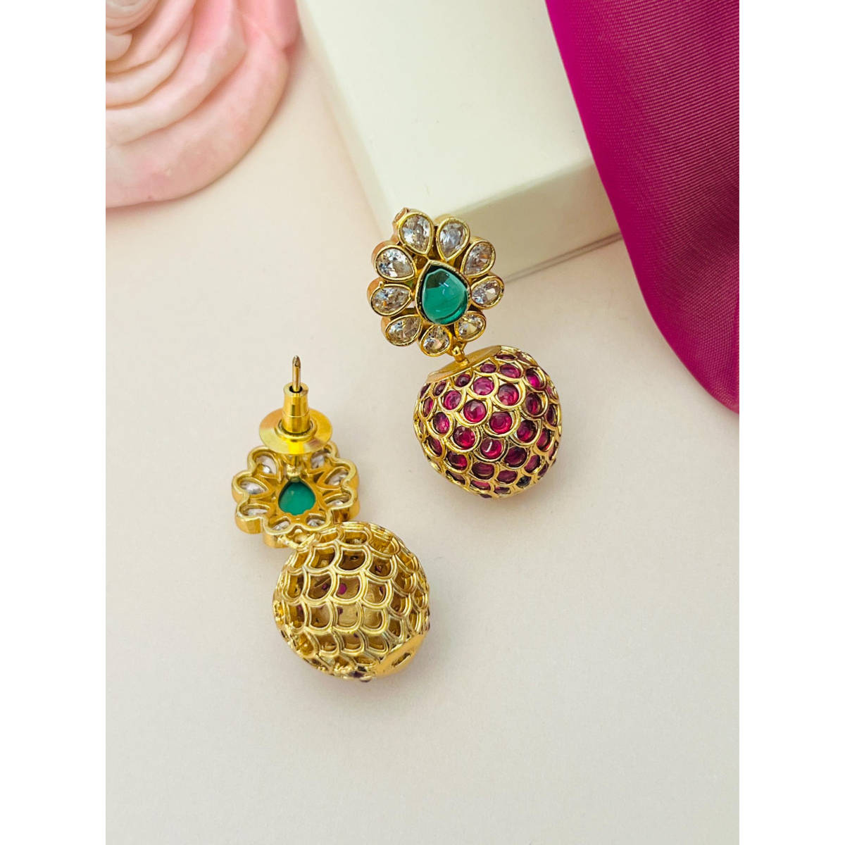 Abdesigns Enchanting Gold Plated Polki Studded Multi-Color Earrings