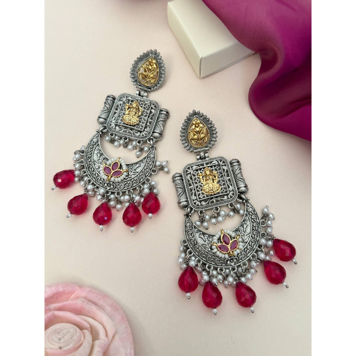 Abdesigns German Silver Plated Red & White Earrings