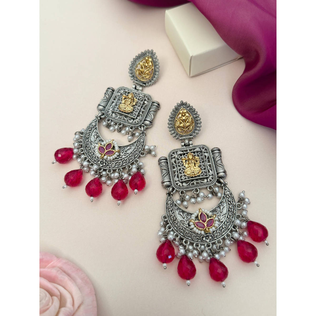 Abdesigns German Silver Plated Red & White Earrings