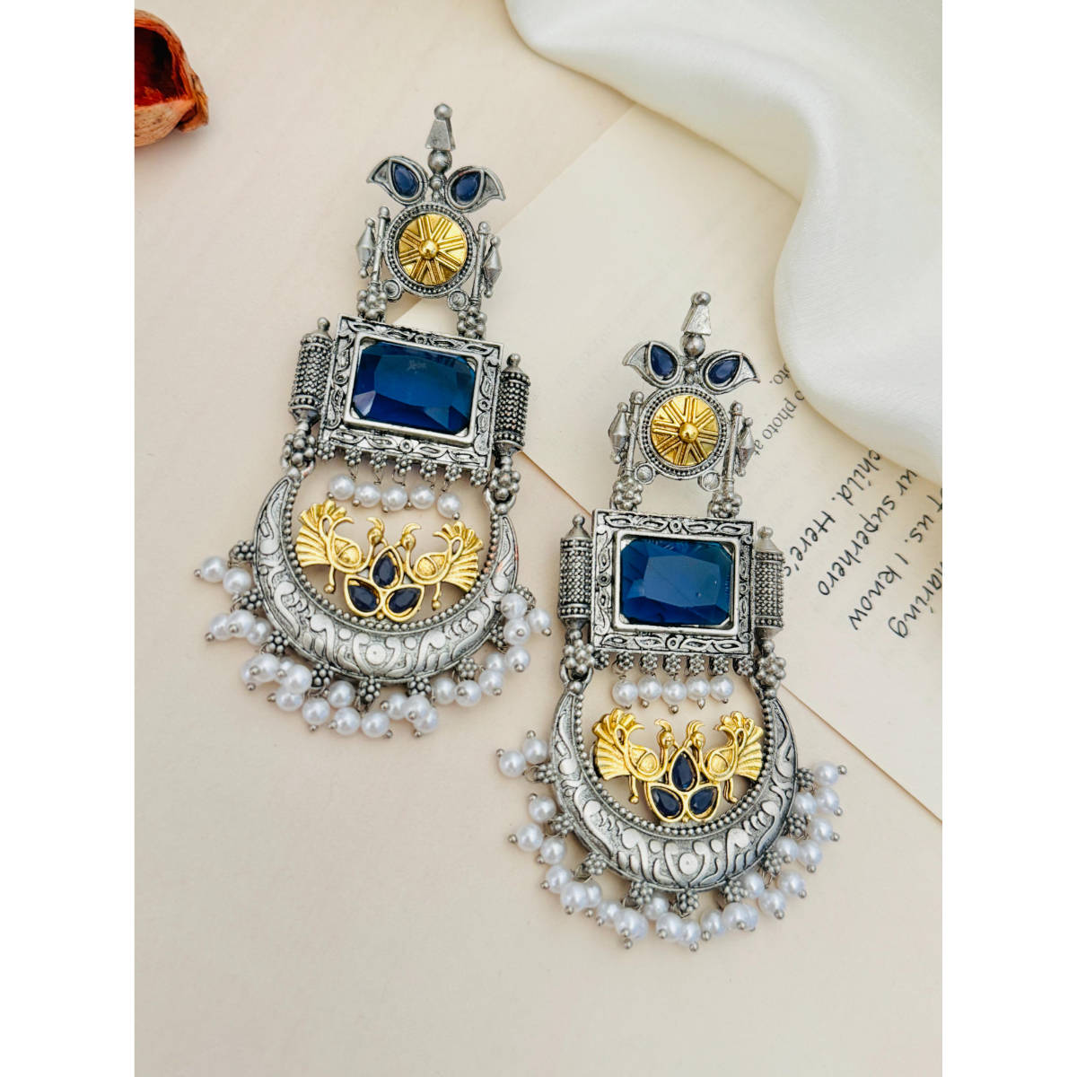 Abdesigns German Silver Plated Blue & White Earrings