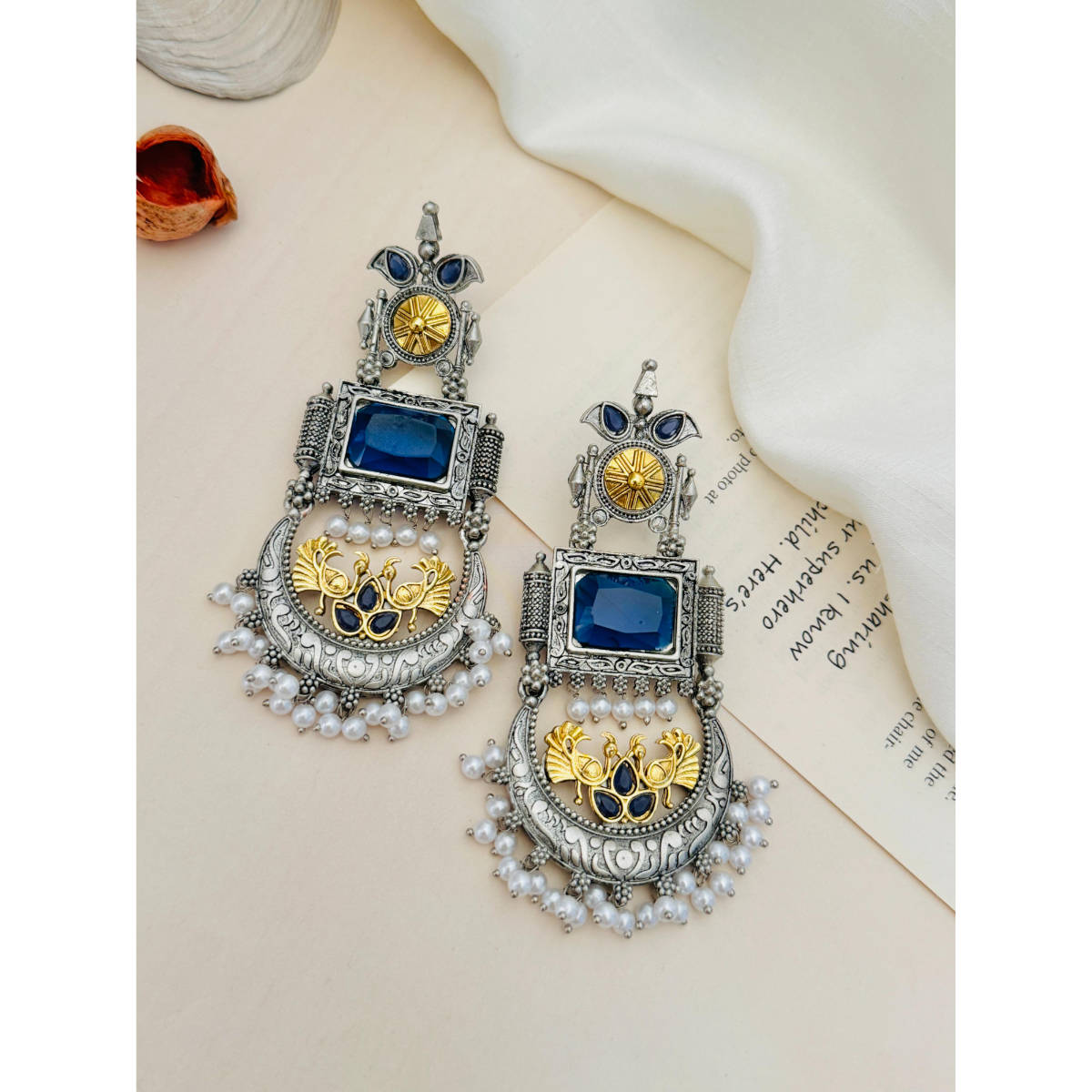 Abdesigns German Silver Plated Blue & White Earrings