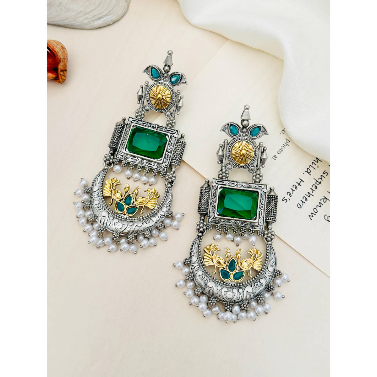 Abdesigns German Silver Plated Green & White Earrings
