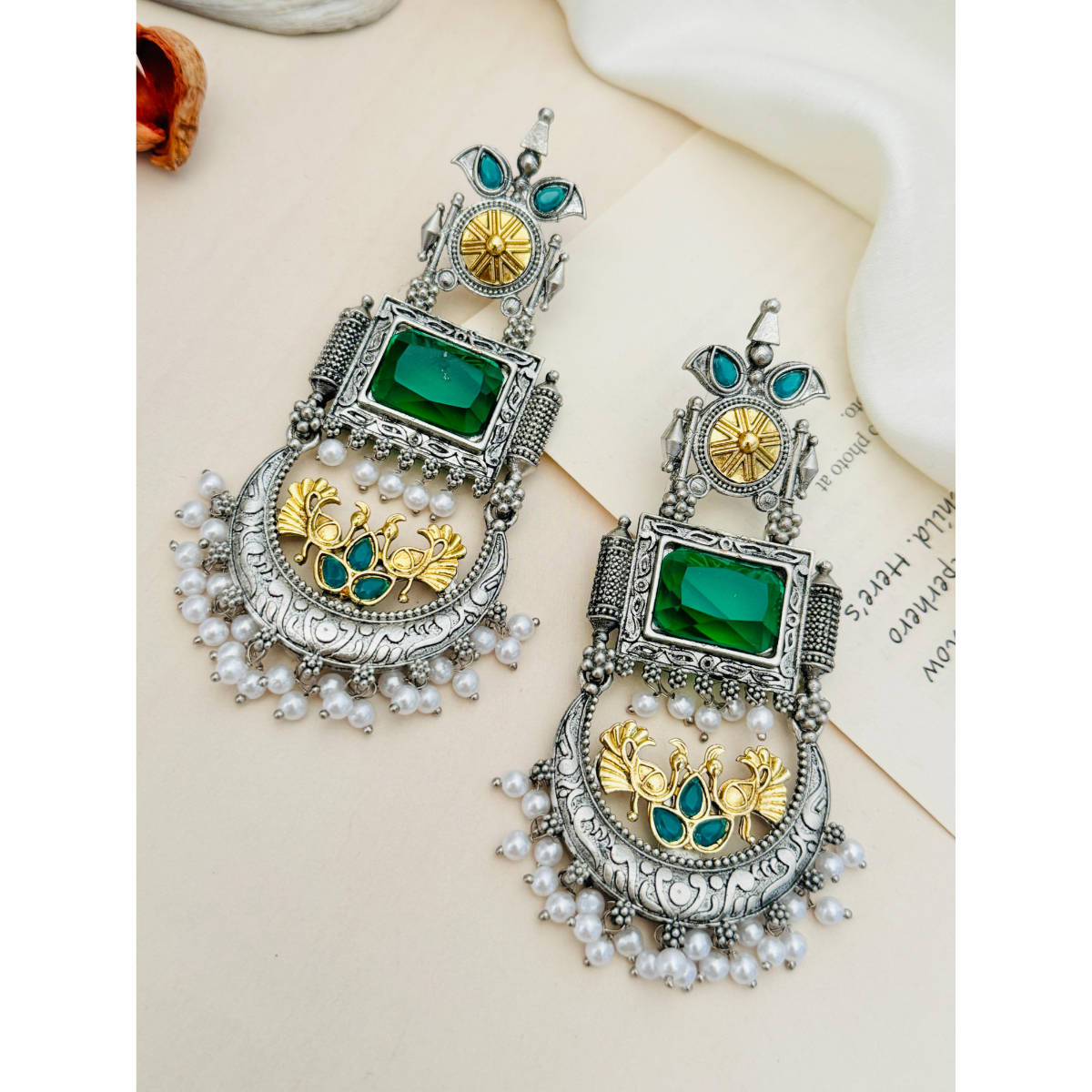 Abdesigns German Silver Plated Green & White Earrings