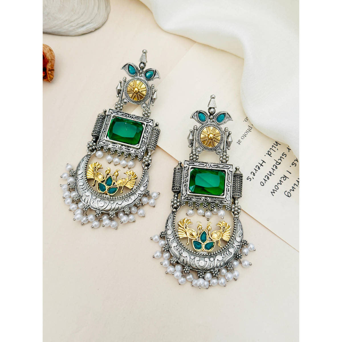 Abdesigns German Silver Plated Green & White Earrings