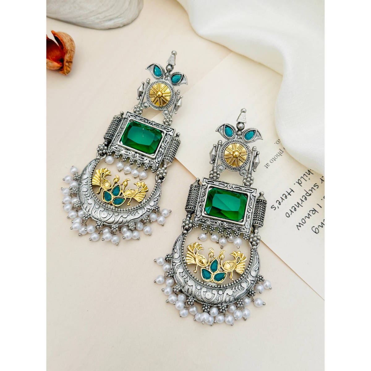 Abdesigns German Silver Plated Green & White Earrings