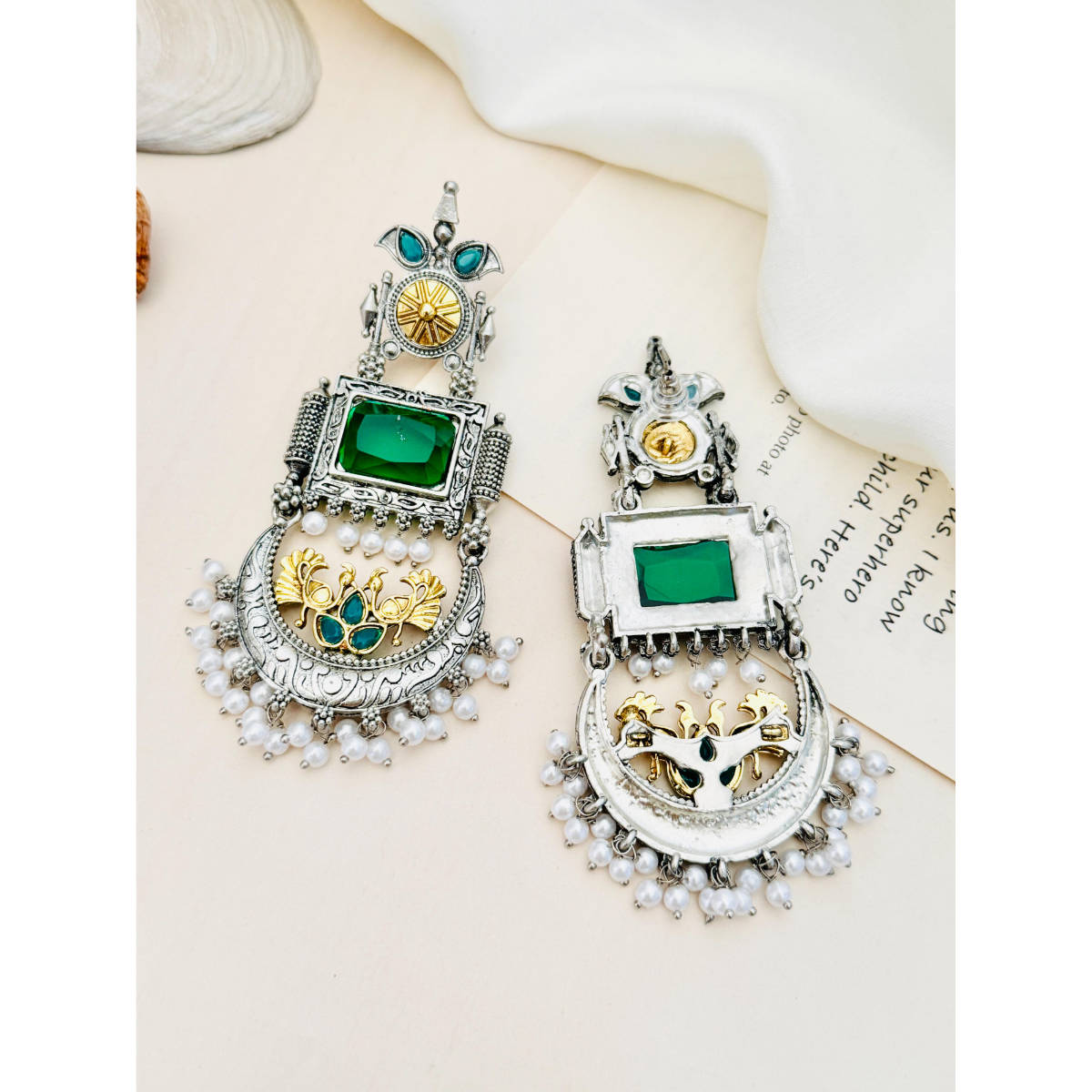 Abdesigns German Silver Plated Green & White Earrings