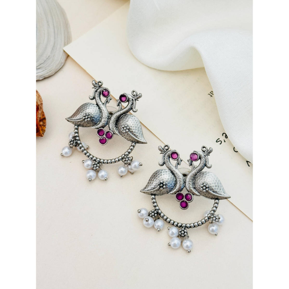 Abdesigns German Silver Plated Pink & White Earrings