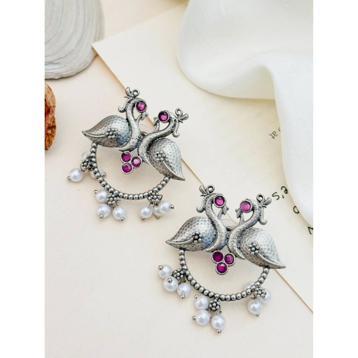 Abdesigns German Silver Plated Pink & White Earrings