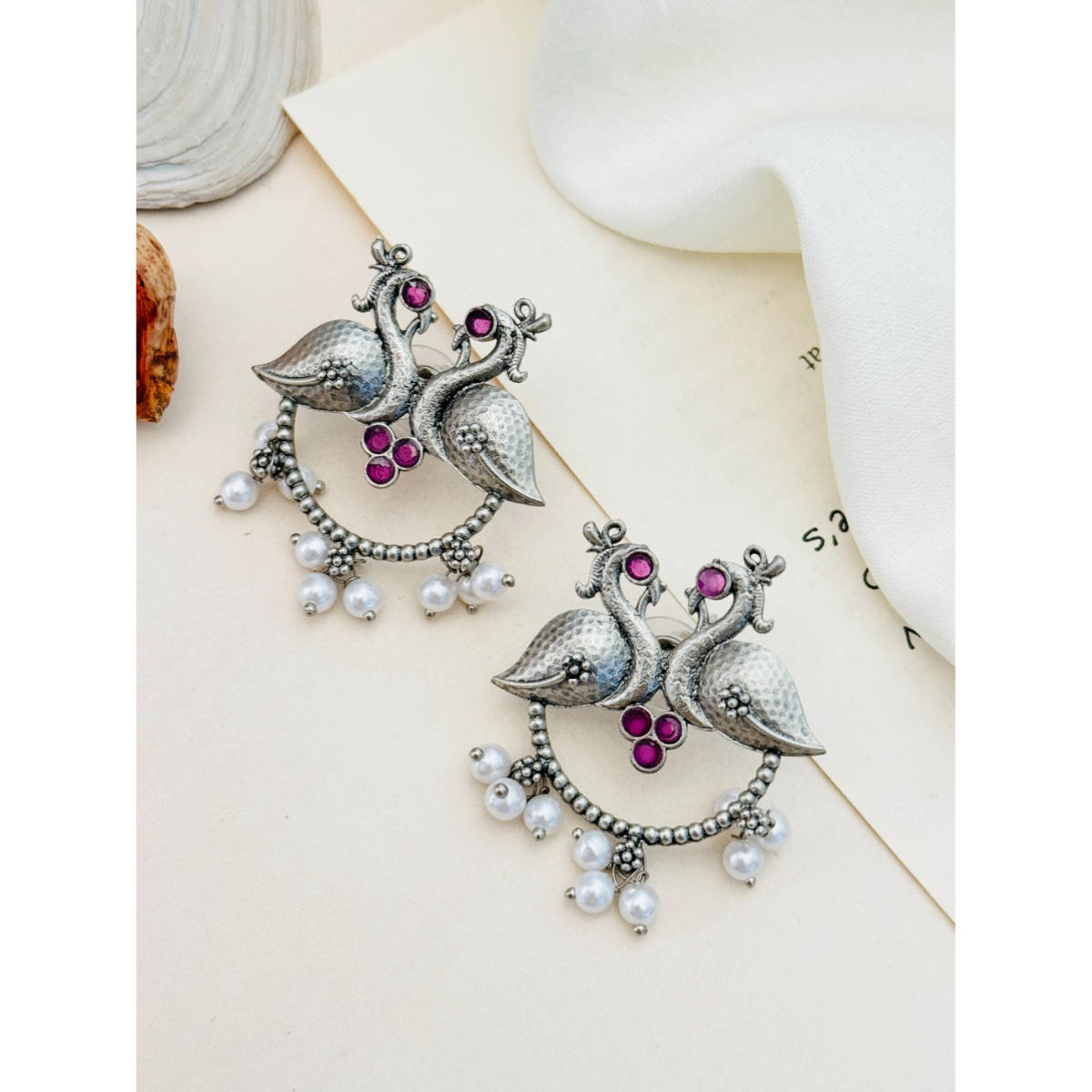 Abdesigns German Silver Plated Pink & White Earrings