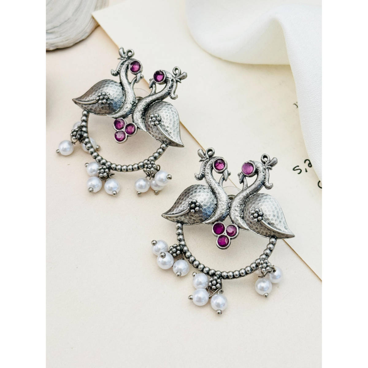 Abdesigns German Silver Plated Pink & White Earrings
