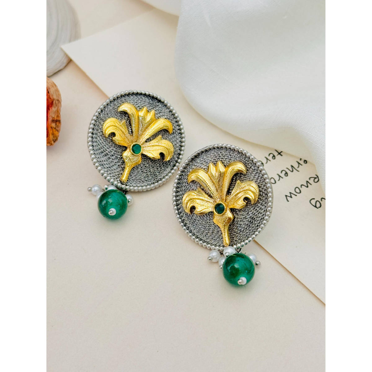Abdesigns German Silver Plated Green & White Earrings