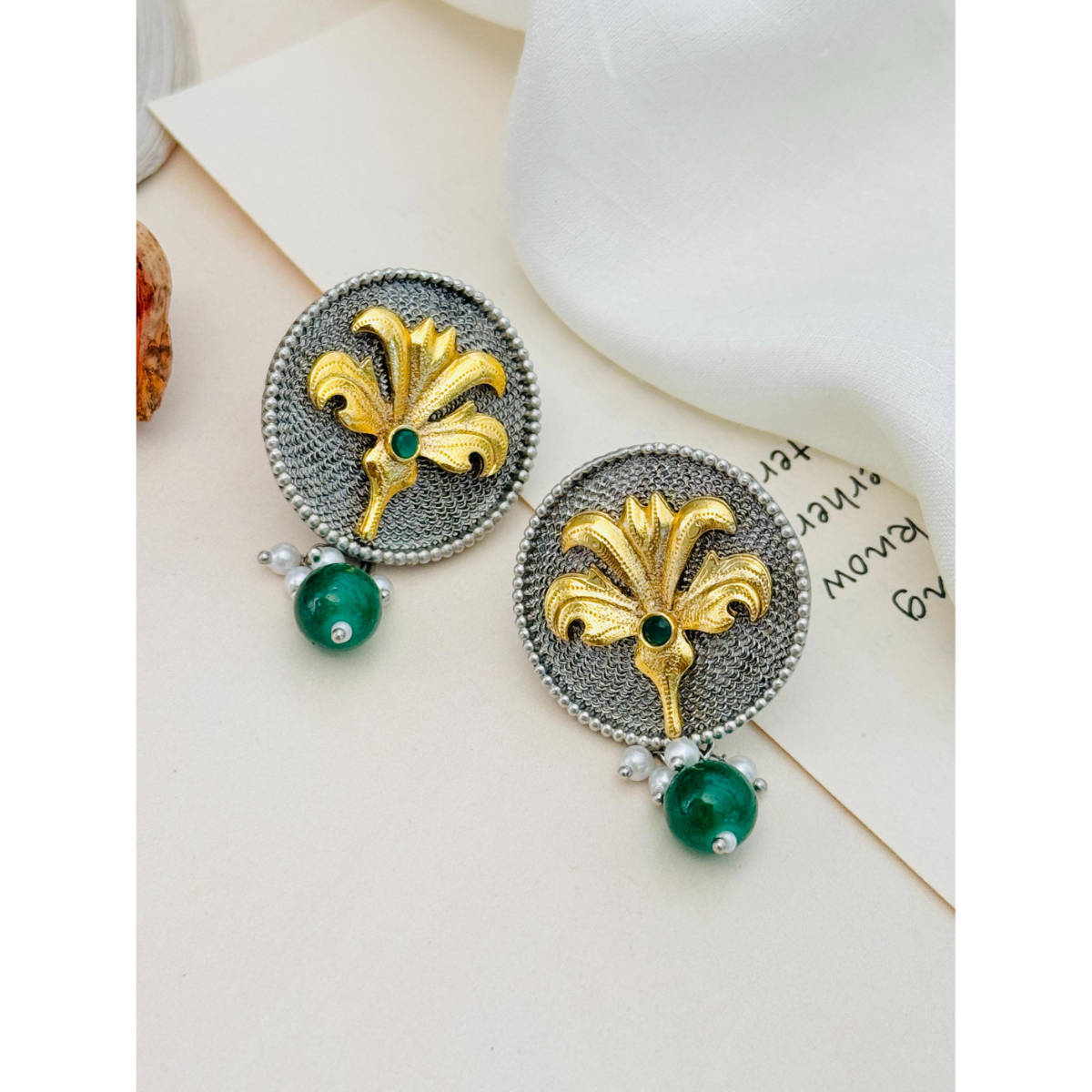 Abdesigns German Silver Plated Green & White Earrings