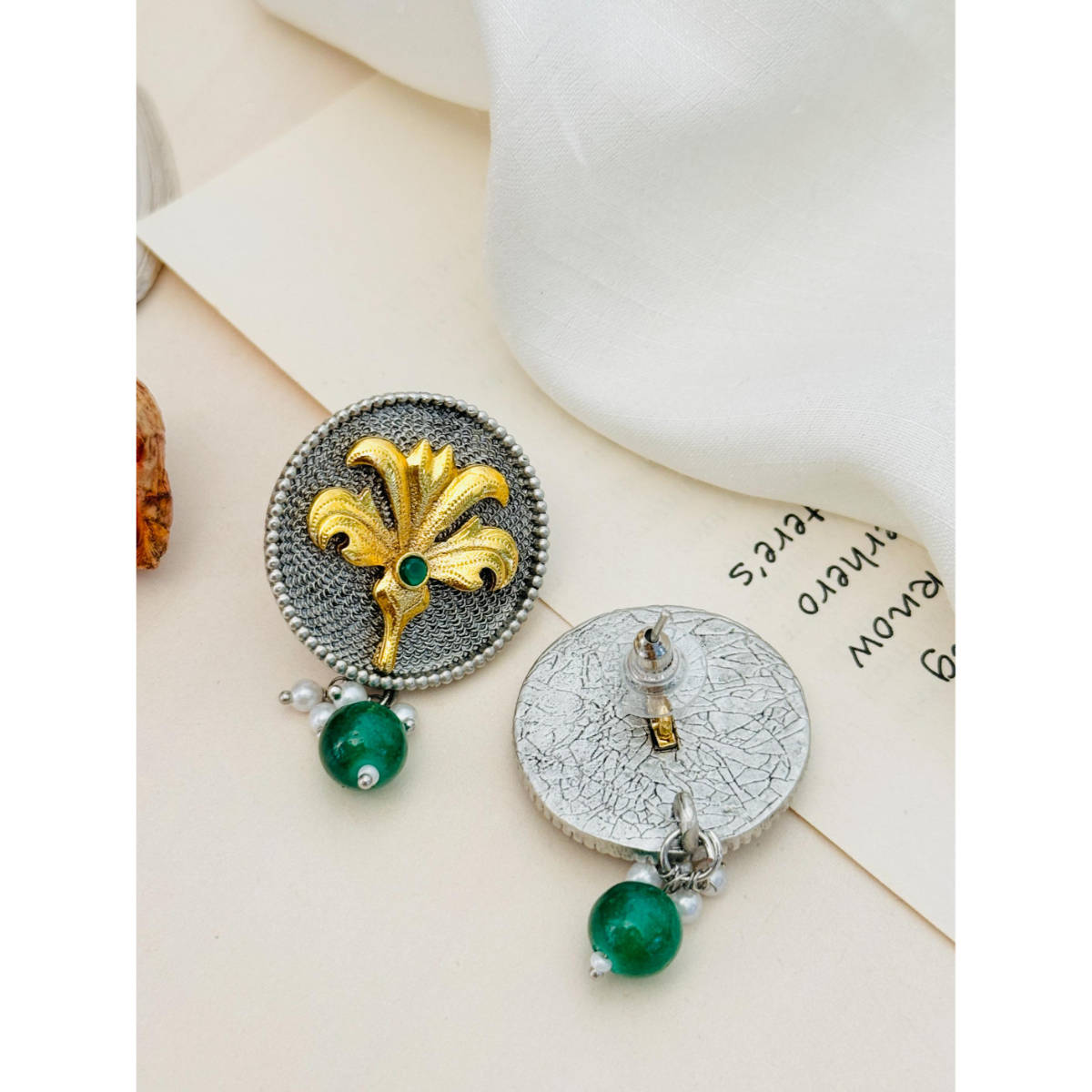 Abdesigns German Silver Plated Green & White Earrings
