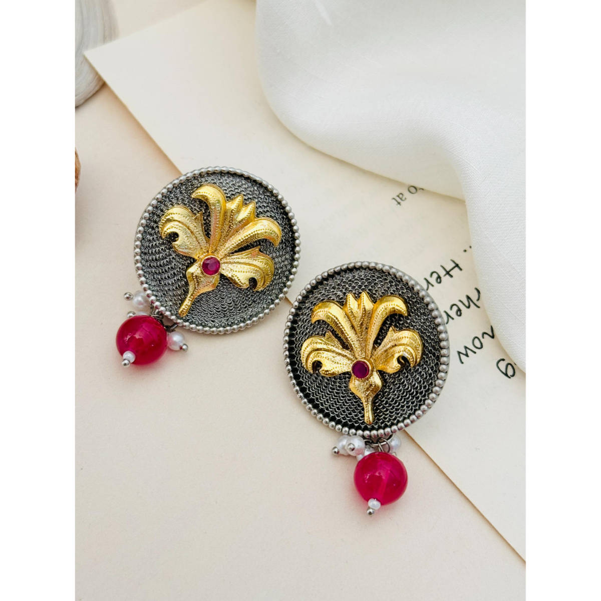 Abdesigns German Silver Plated Red & White Earrings
