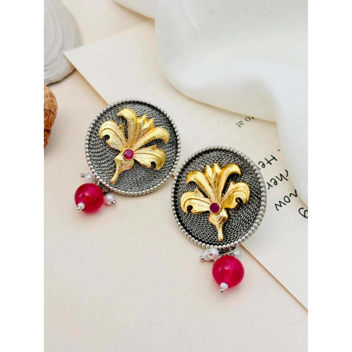 Abdesigns German Silver Plated Red & White Earrings
