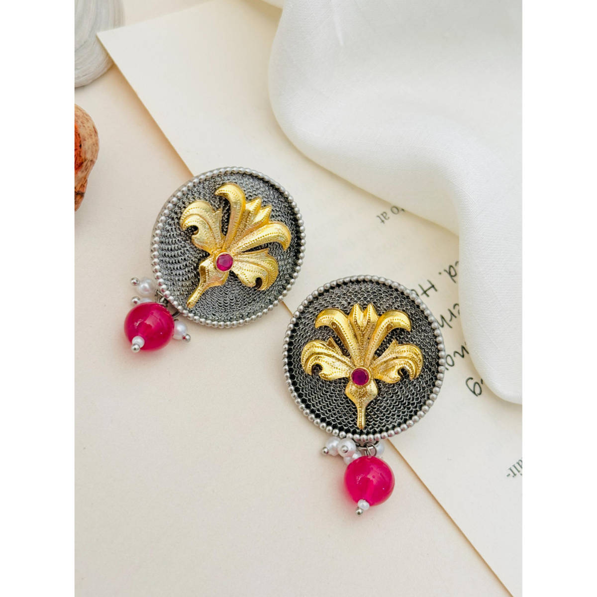 Abdesigns German Silver Plated Red & White Earrings