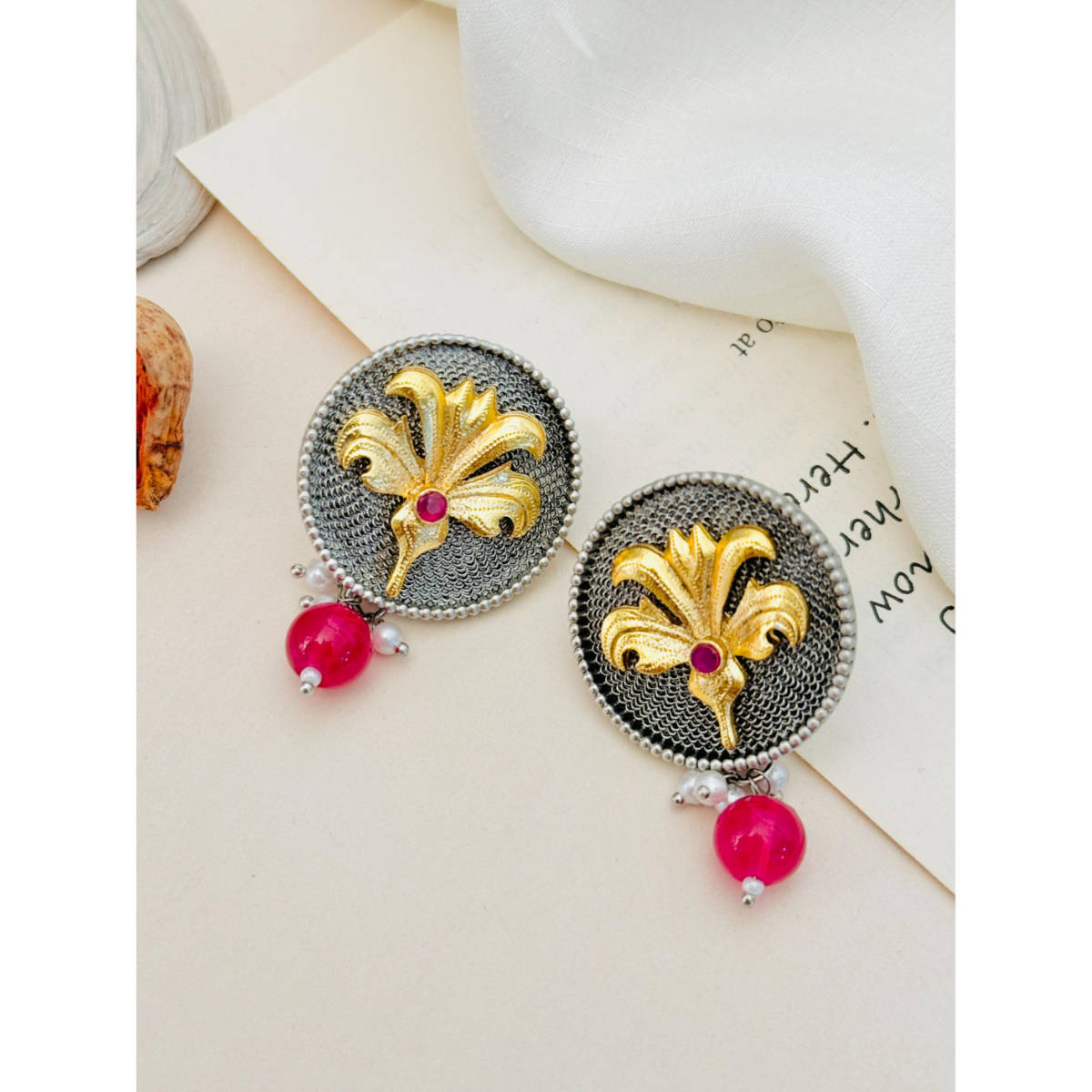 Abdesigns German Silver Plated Red & White Earrings