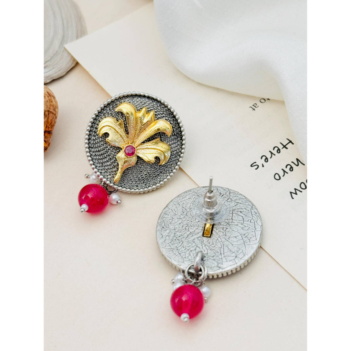 Abdesigns German Silver Plated Red & White Earrings