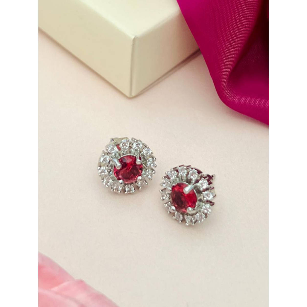 Abdesigns Silver Plated Red American Diamond Studded Studs
