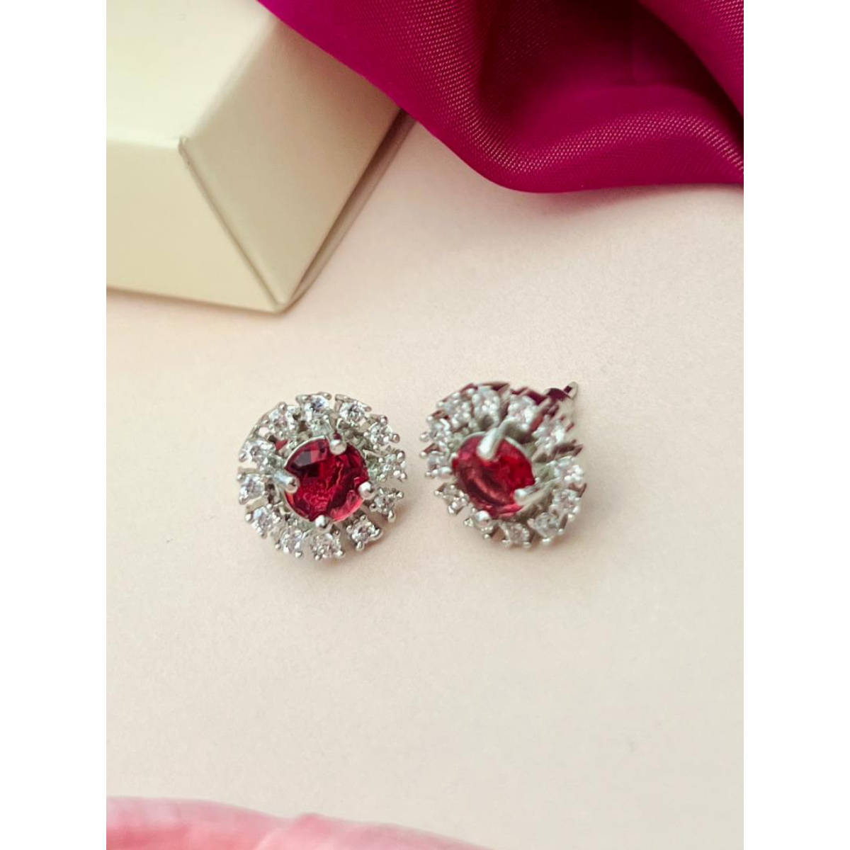 Abdesigns Silver Plated Red American Diamond Studded Studs