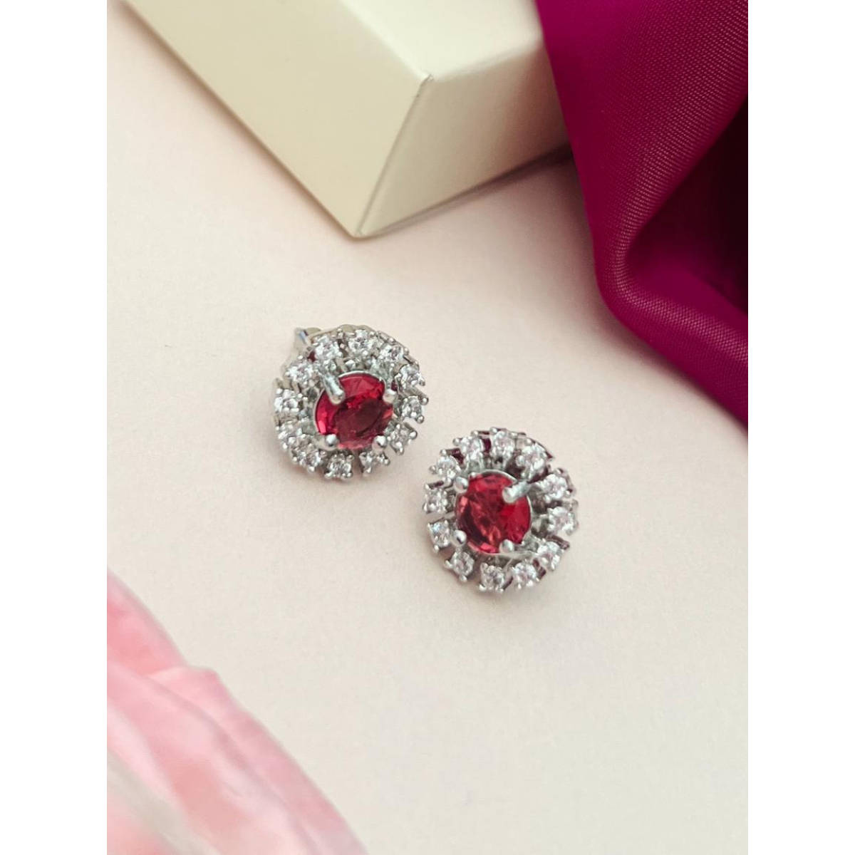 Abdesigns Silver Plated Red American Diamond Studded Studs