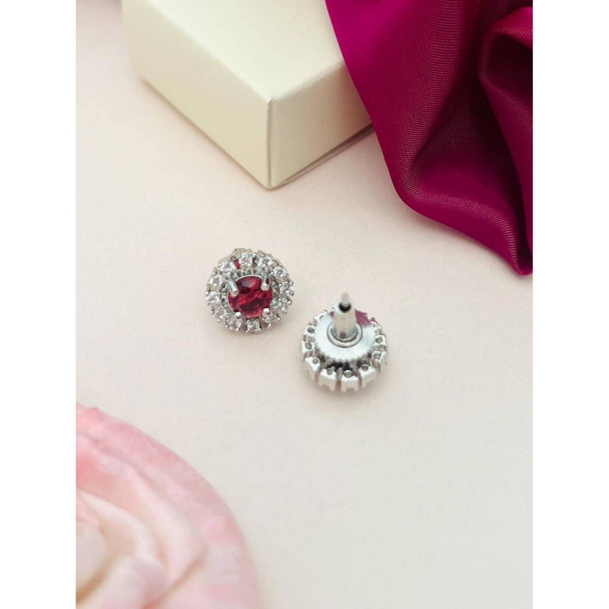 Abdesigns Silver Plated Red American Diamond Studded Studs