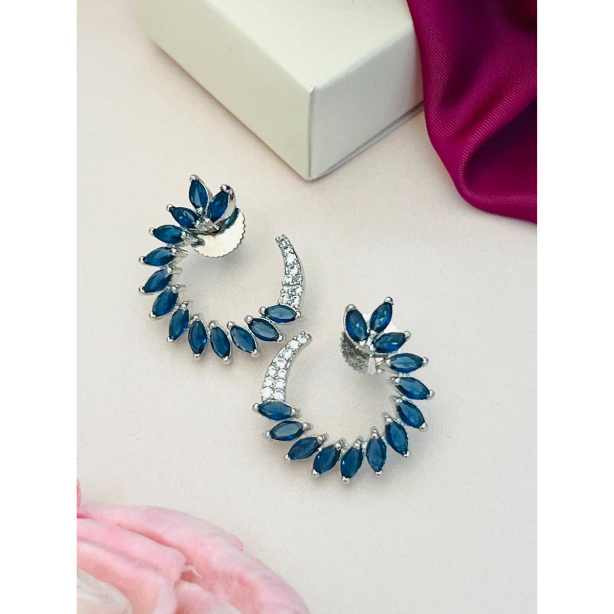 Abdesigns Silver Plated Blue American Diamond Studded Drop Earrings