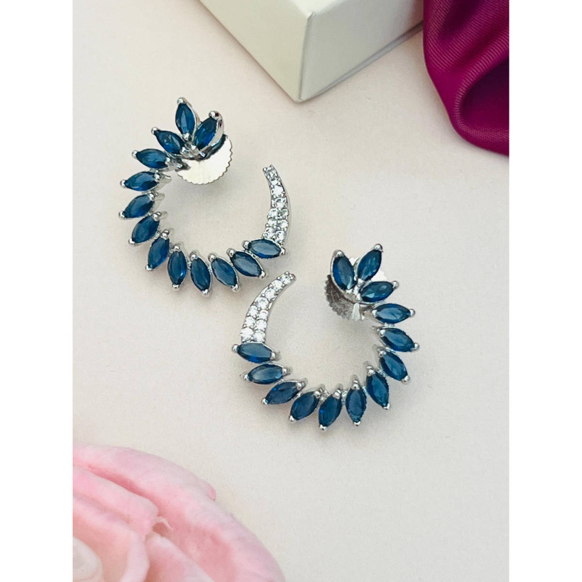 Abdesigns Silver Plated Blue American Diamond Studded Drop Earrings