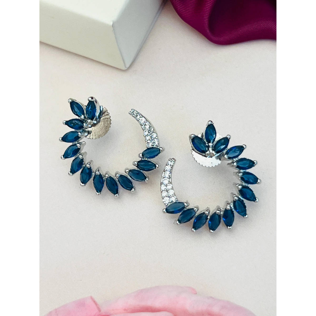 Abdesigns Silver Plated Blue American Diamond Studded Drop Earrings