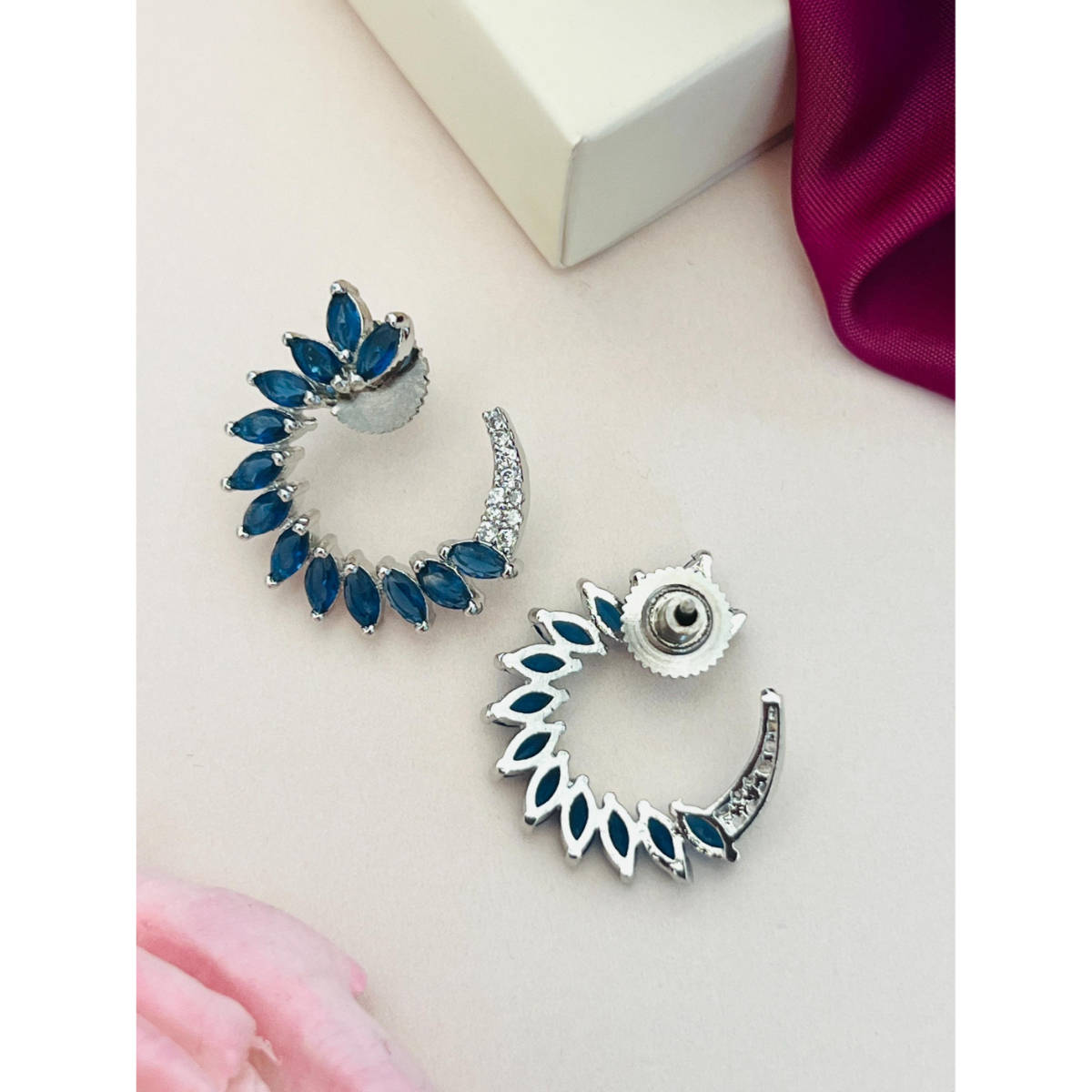 Abdesigns Silver Plated Blue American Diamond Studded Drop Earrings