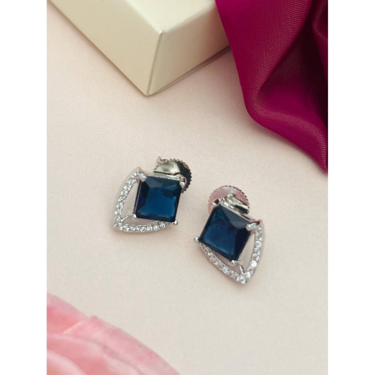 Abdesigns Silver Plated Blue American Diamond Studded Studs