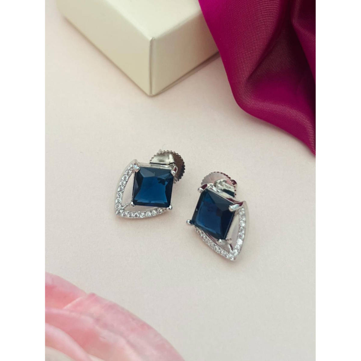 Abdesigns Silver Plated Blue American Diamond Studded Studs