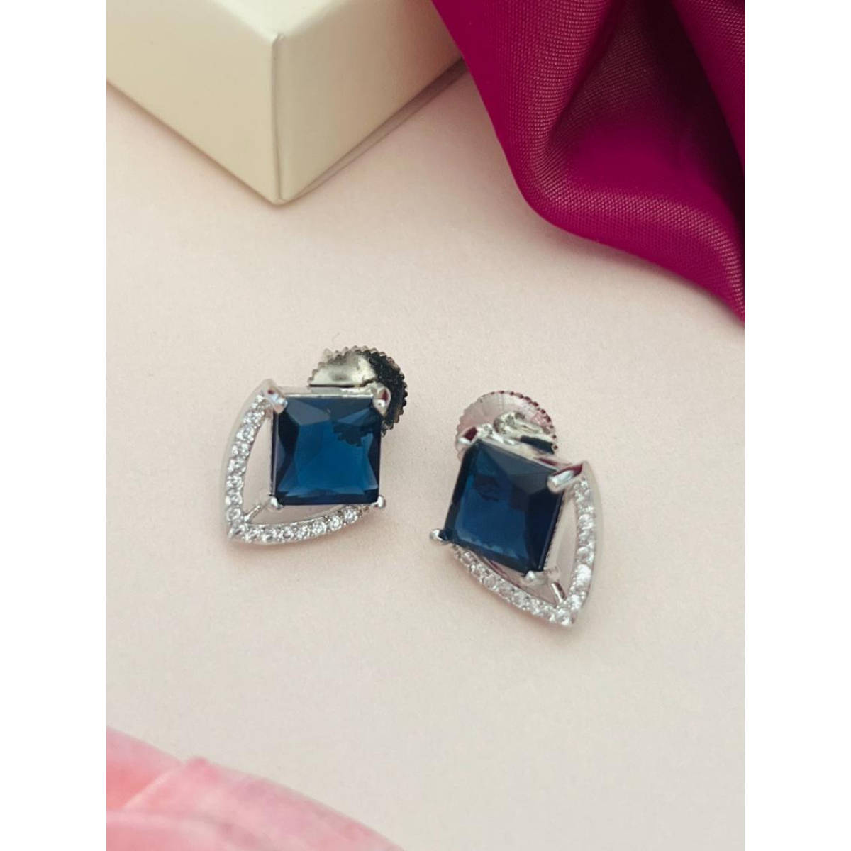 Abdesigns Silver Plated Blue American Diamond Studded Studs