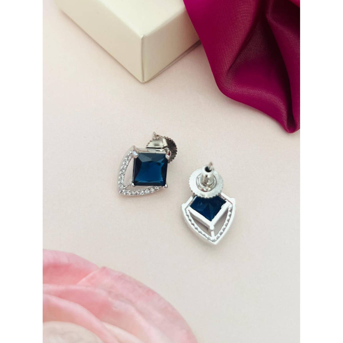 Abdesigns Silver Plated Blue American Diamond Studded Studs