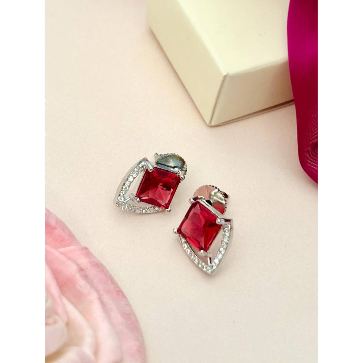 Abdesigns Silver Plated Red American Diamond Studded Studs