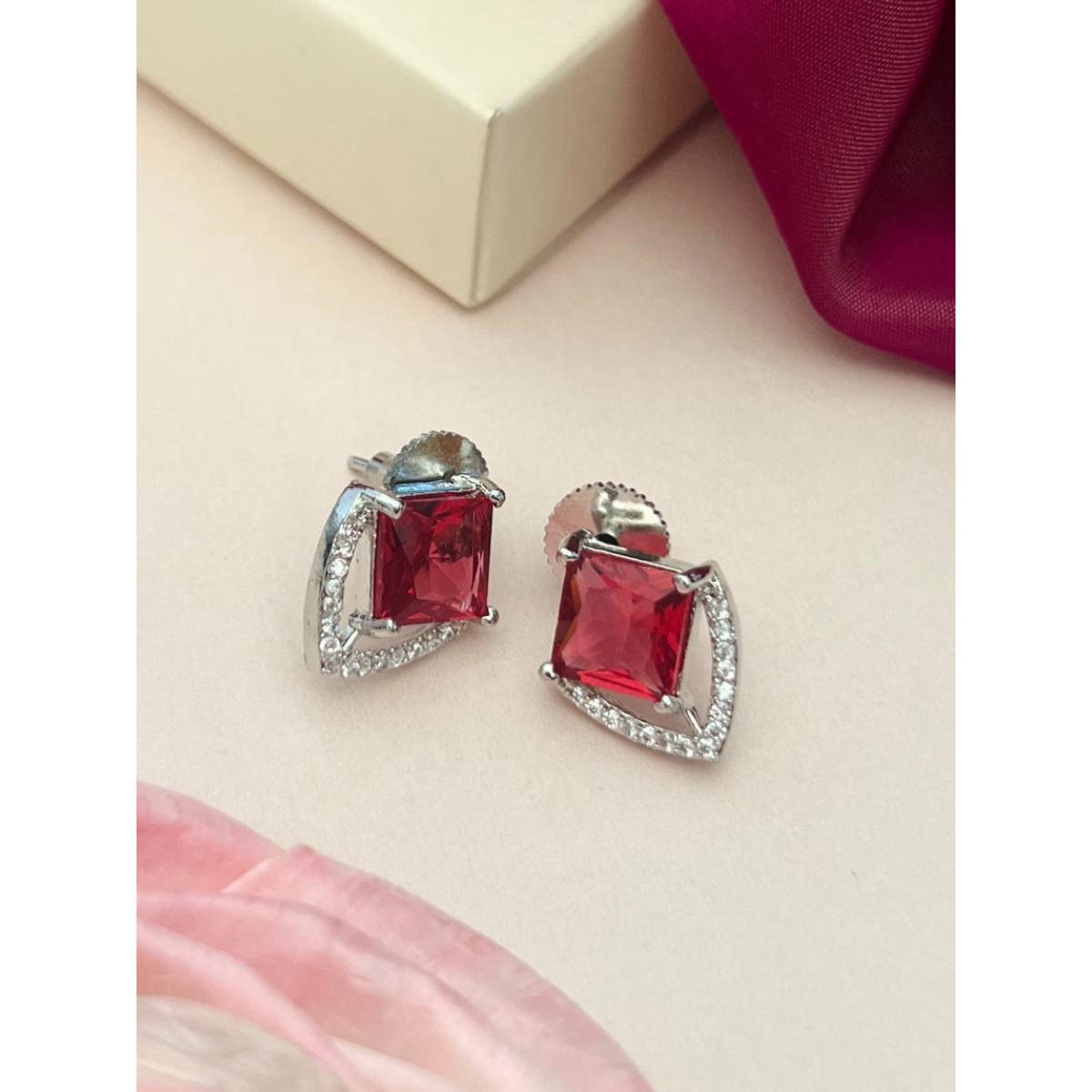 Abdesigns Silver Plated Red American Diamond Studded Studs