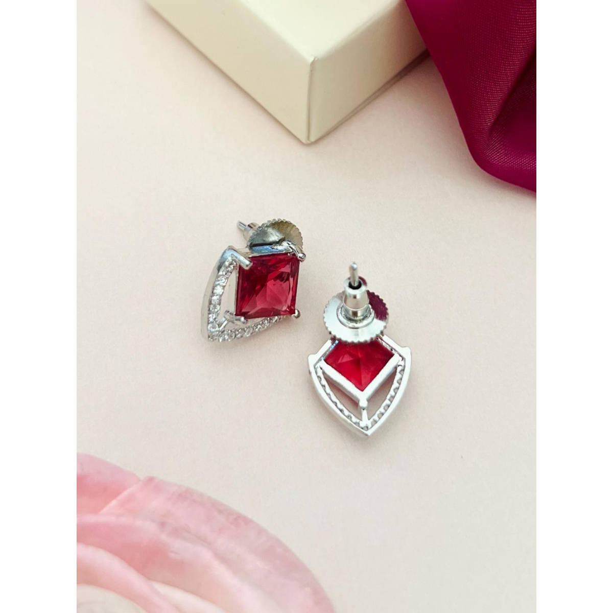 Abdesigns Silver Plated Red American Diamond Studded Studs