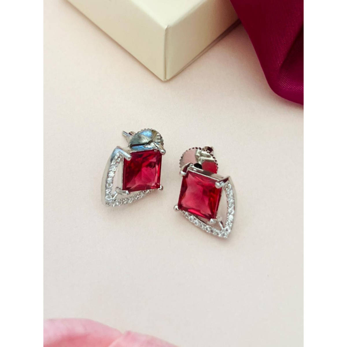 Abdesigns Silver Plated Red American Diamond Studded Studs