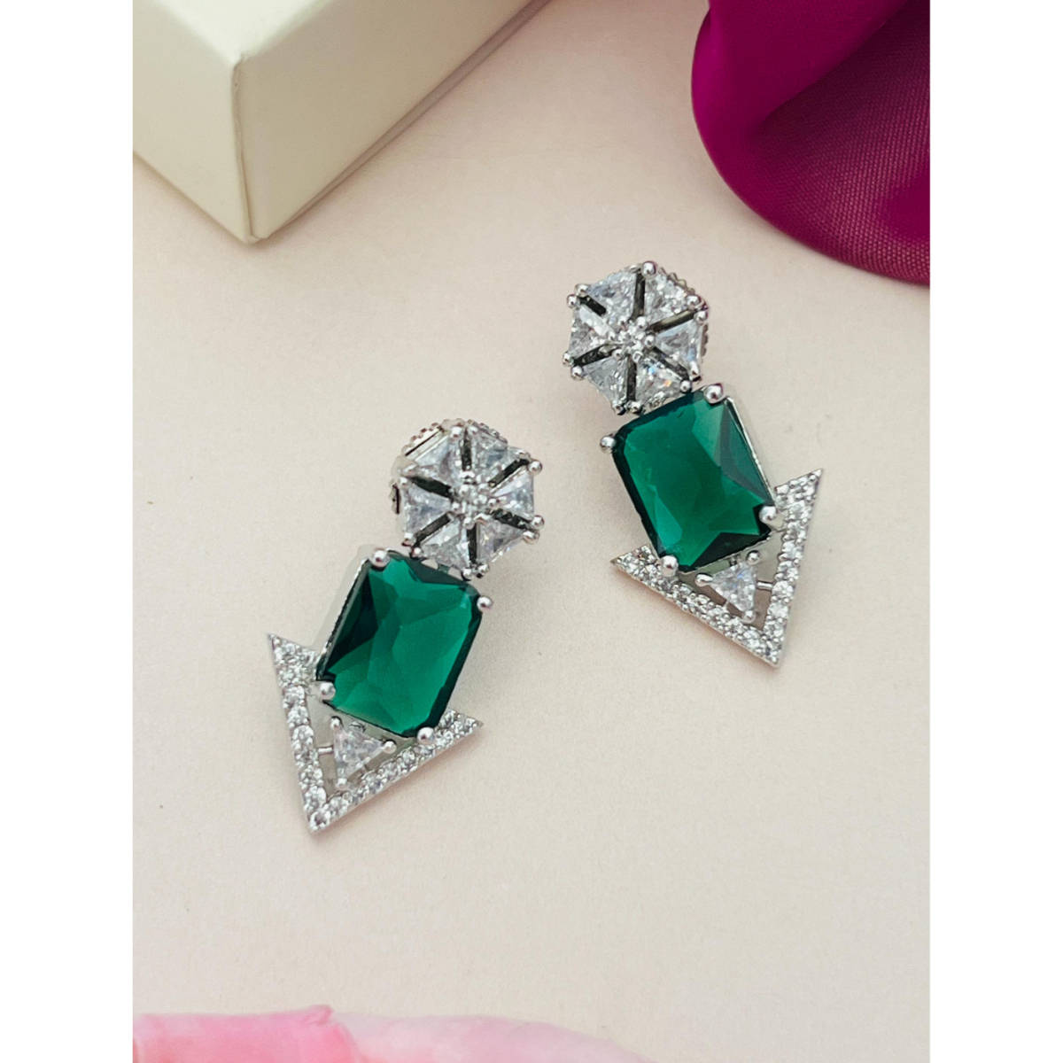 Abdesigns Silver Plated Green & White American Diamond Studded Studs
