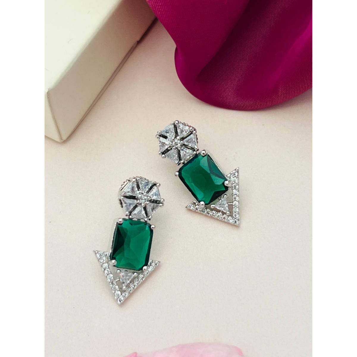 Abdesigns Silver Plated Green & White American Diamond Studded Studs