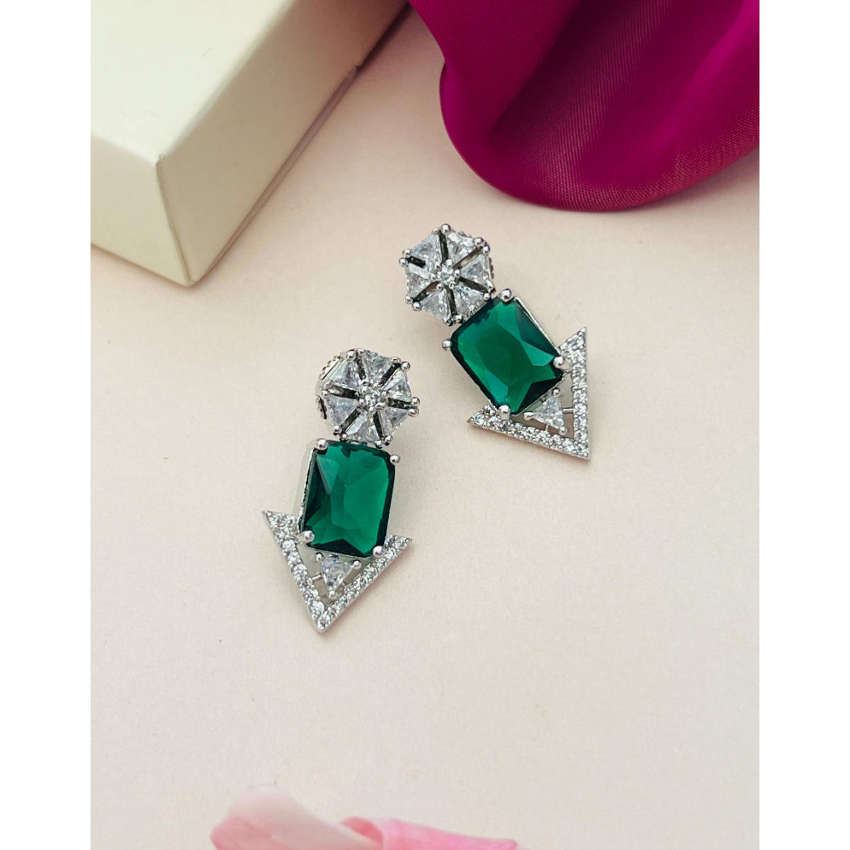 Abdesigns Silver Plated Green & White American Diamond Studded Studs