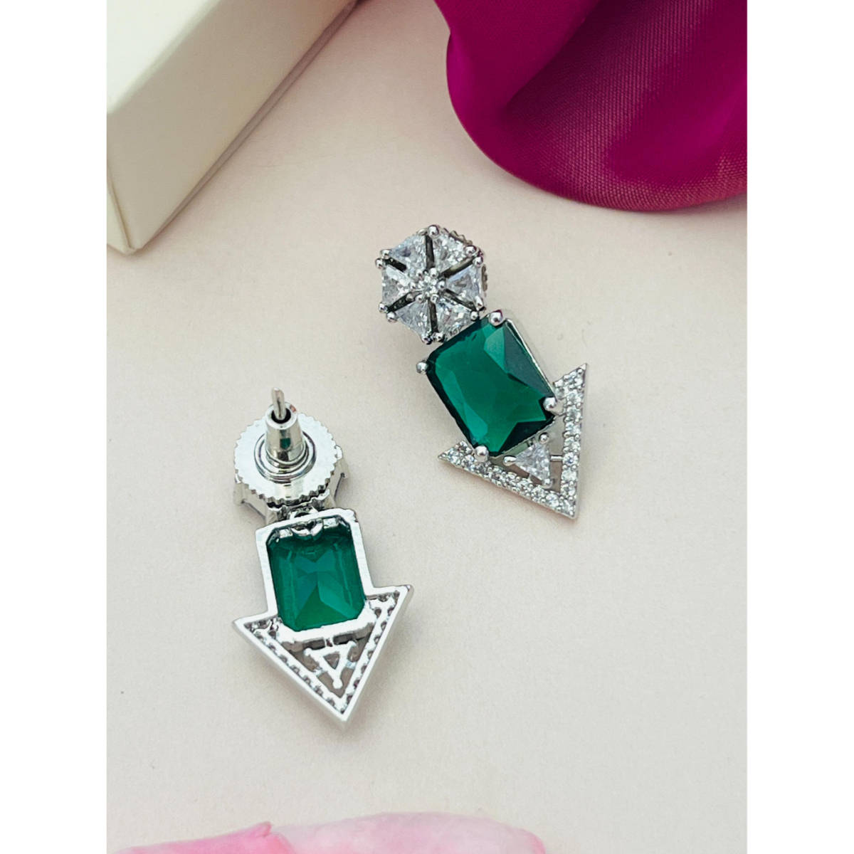 Abdesigns Silver Plated Green & White American Diamond Studded Studs