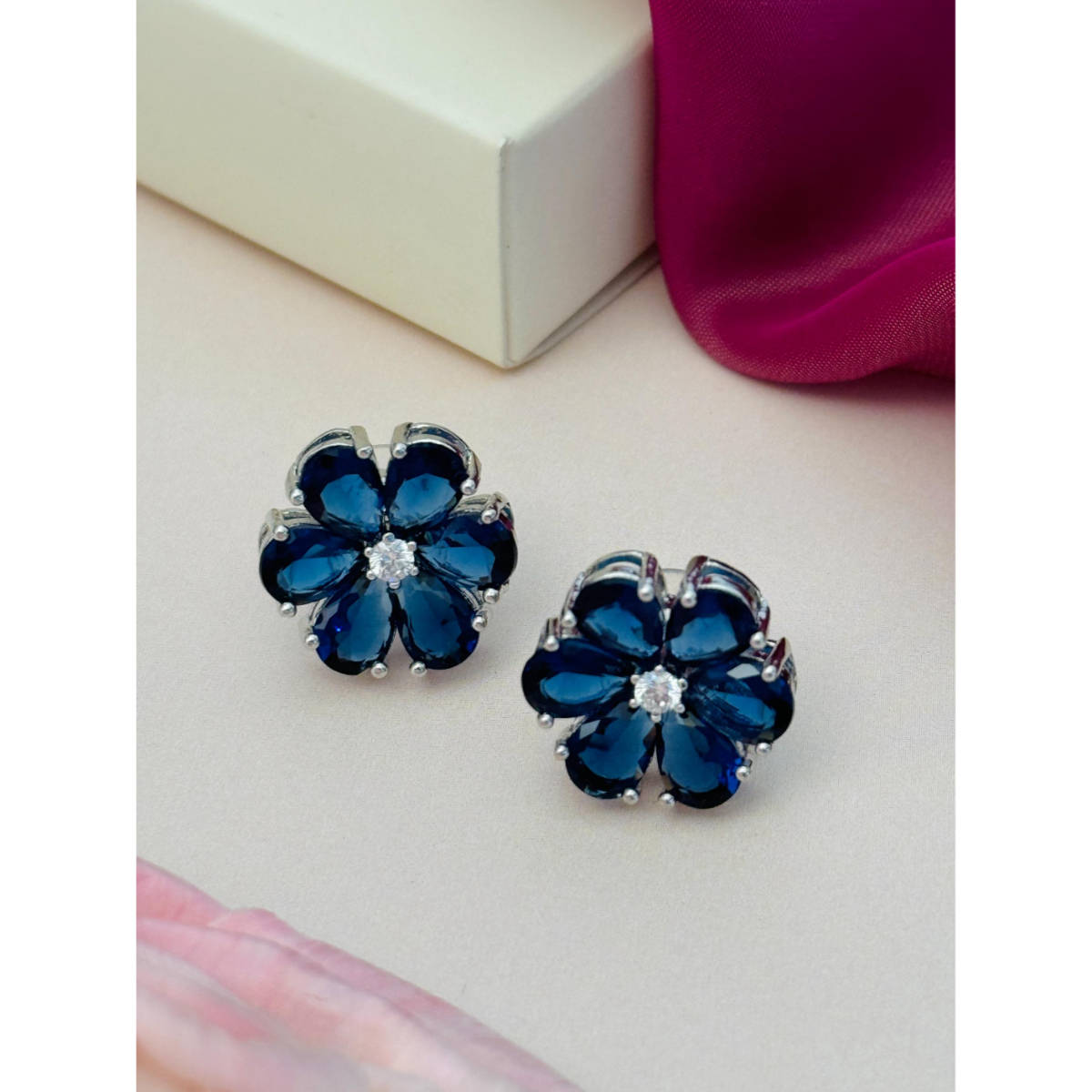 Abdesigns Silver Plated Blue American Diamond Studs