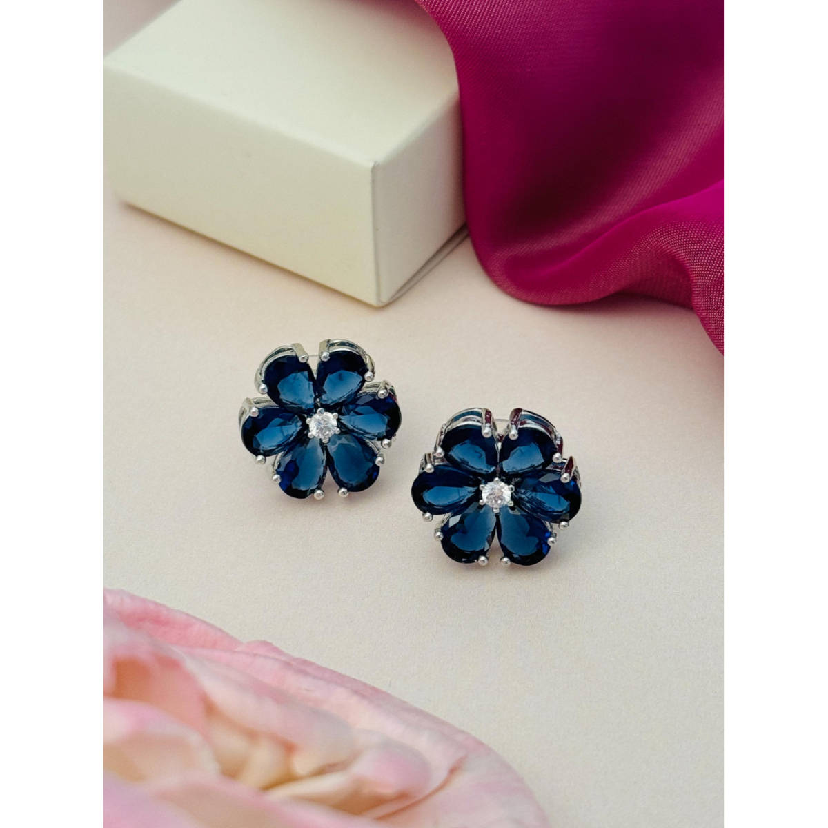 Abdesigns Silver Plated Blue American Diamond Studs