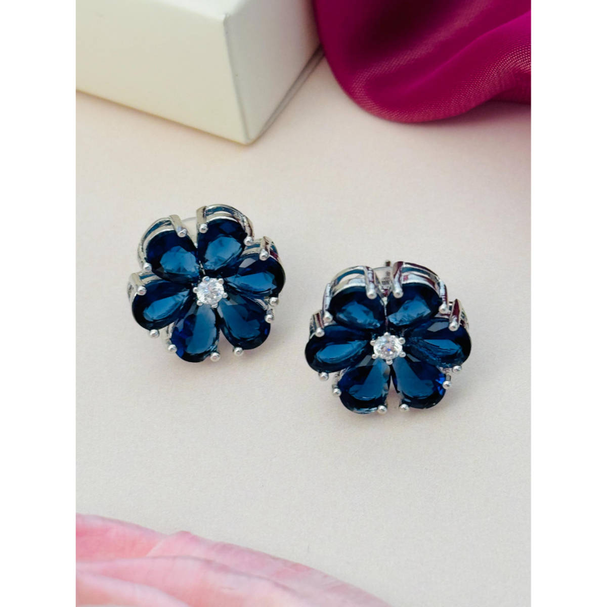 Abdesigns Silver Plated Blue American Diamond Studs