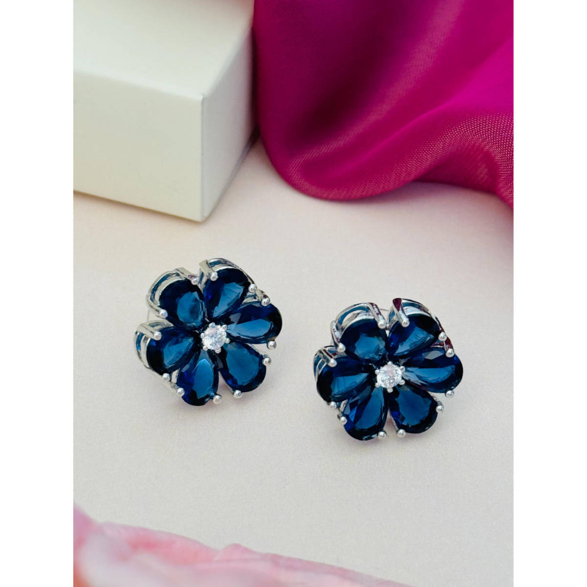 Abdesigns Silver Plated Blue American Diamond Studs