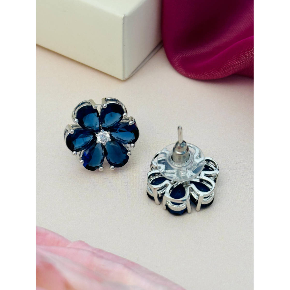 Abdesigns Silver Plated Blue American Diamond Studs