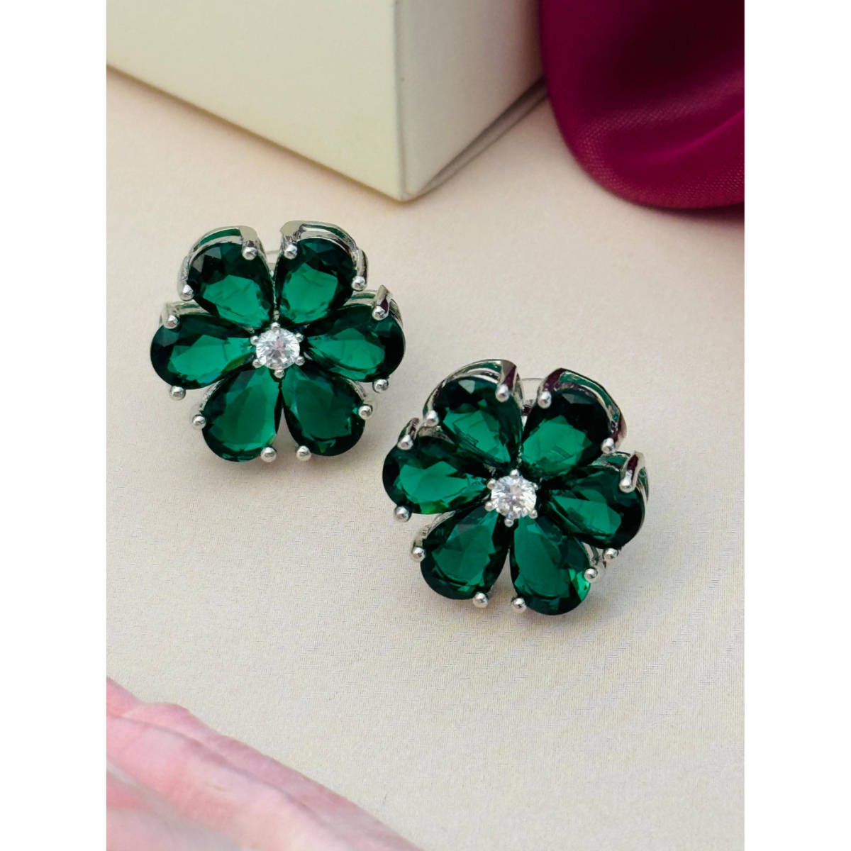Abdesigns Silver Plated Green American Diamond Studs
