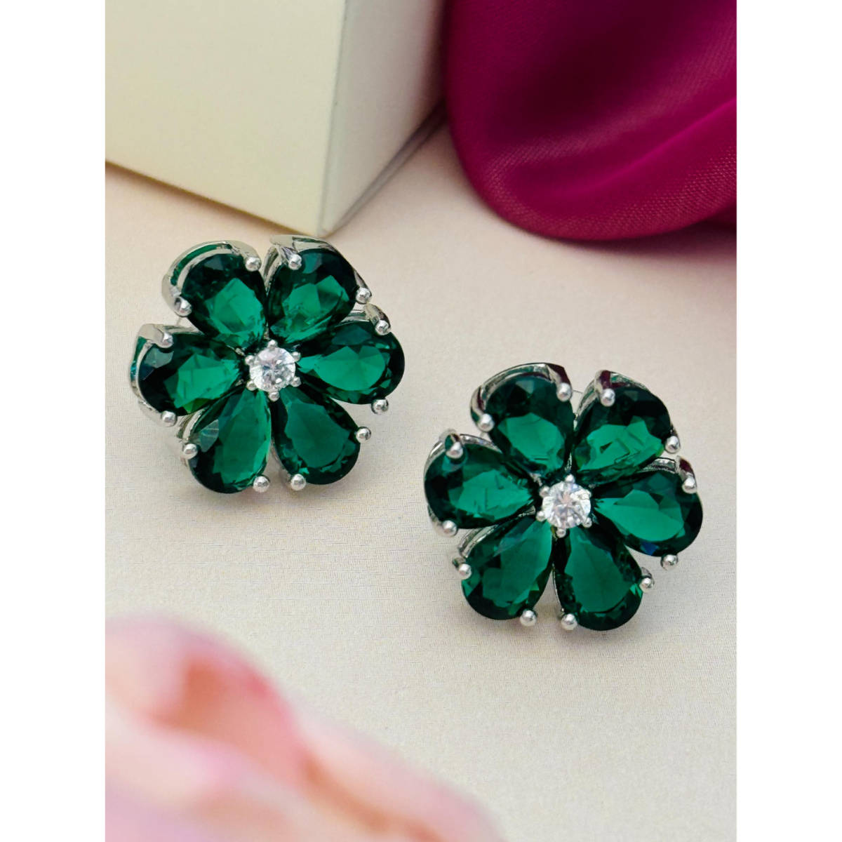Abdesigns Silver Plated Green American Diamond Studs