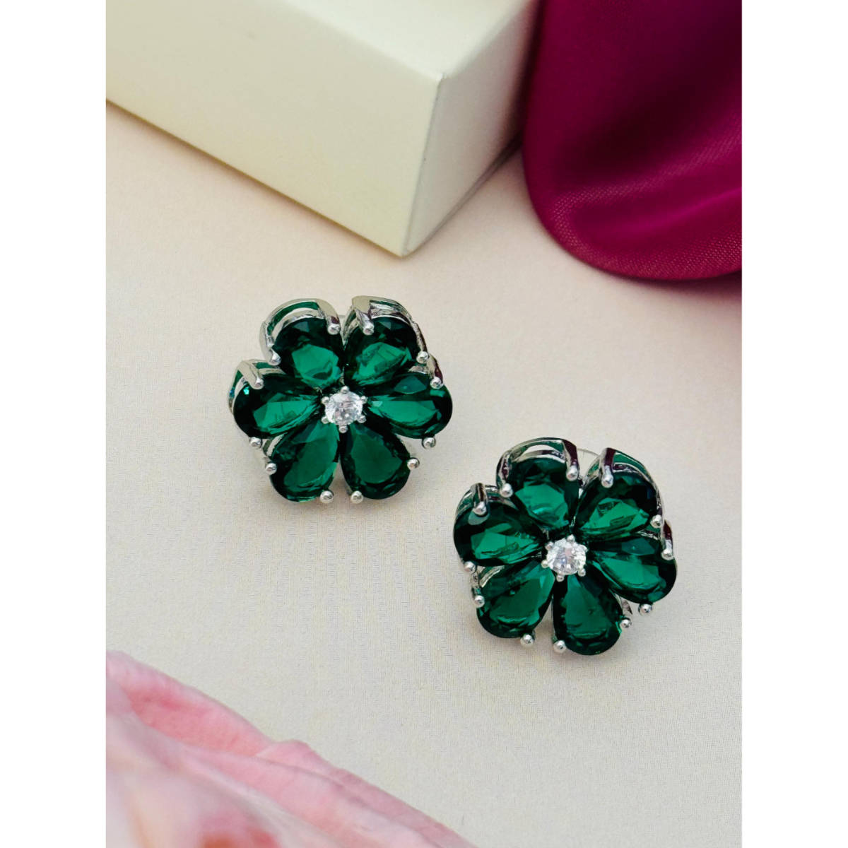 Abdesigns Silver Plated Green American Diamond Studs